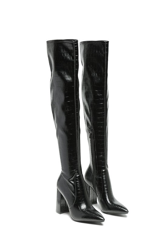 Black KNEE HIGH PRINT BLOCK HEELED BOOT