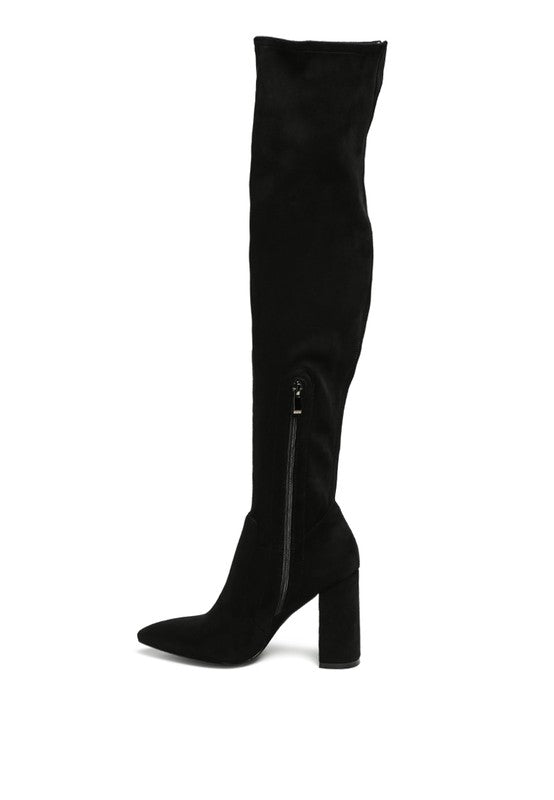 Black Suede KNEE HIGH PRINT BLOCK HEELED BOOT