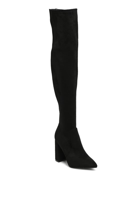 Black Suede KNEE HIGH PRINT BLOCK HEELED BOOT