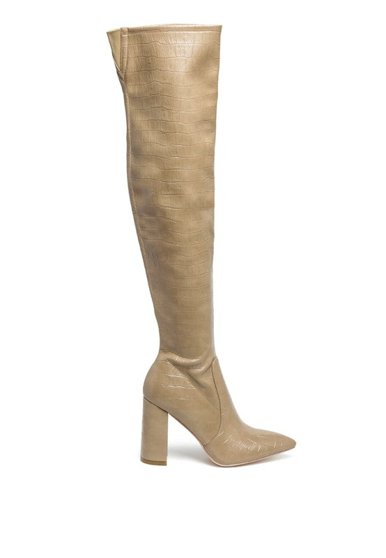 Natural KNEE HIGH PRINT BLOCK HEELED BOOT