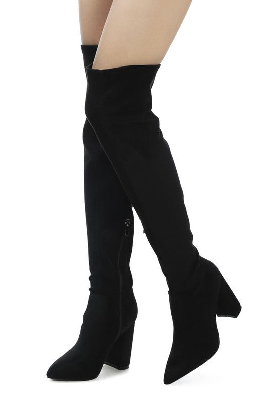 Black Suede KNEE HIGH PRINT BLOCK HEELED BOOT