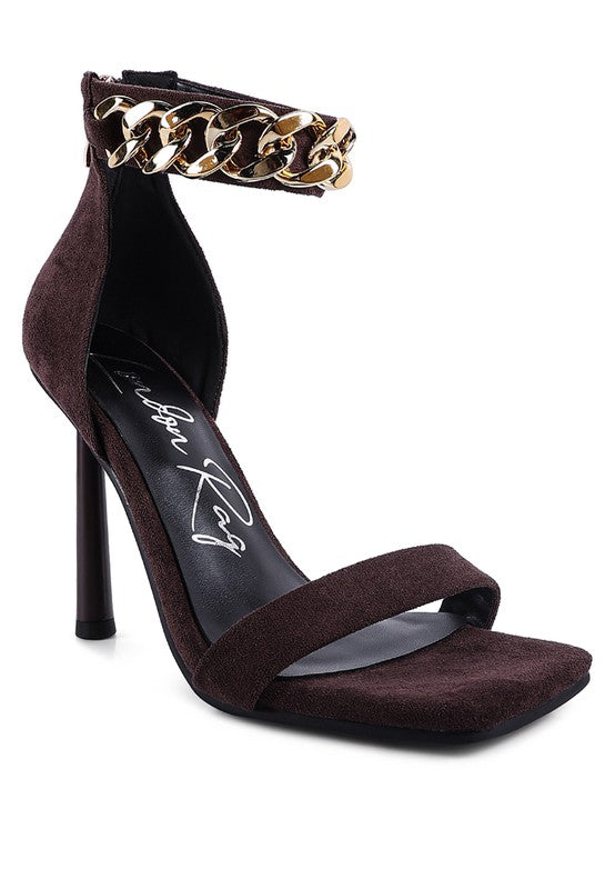 Brown HEELED FAUX SUEDE CHAIN STRAP SANDAL