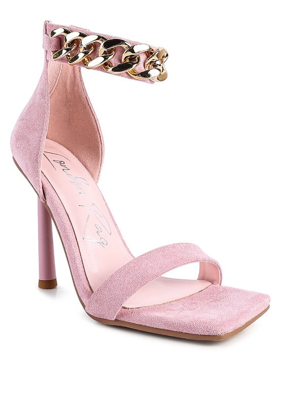 Pink HEELED FAUX SUEDE CHAIN STRAP SANDAL