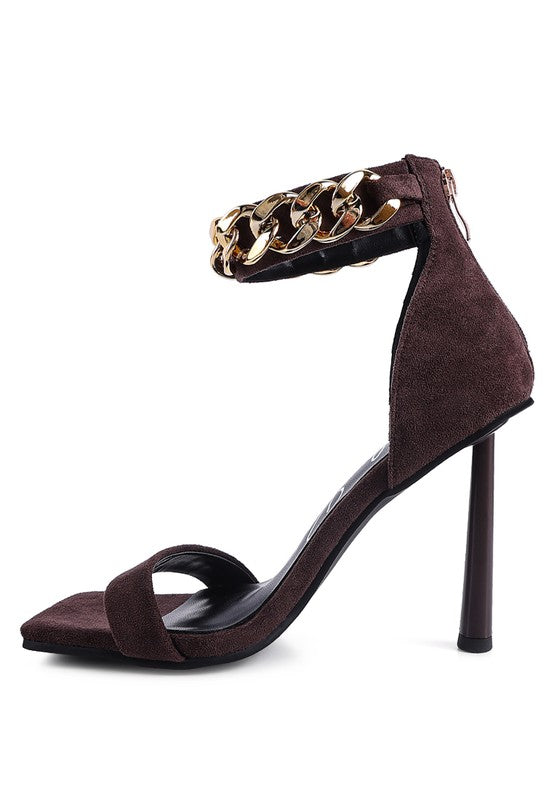 Brown HEELED FAUX SUEDE CHAIN STRAP SANDAL