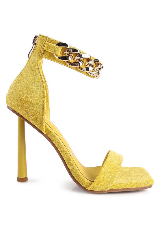 Yellow HEELED FAUX SUEDE CHAIN STRAP SANDAL