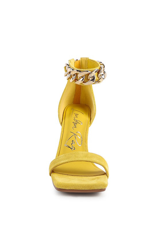 Yellow HEELED FAUX SUEDE CHAIN STRAP SANDAL