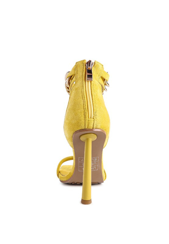 Yellow HEELED FAUX SUEDE CHAIN STRAP SANDAL