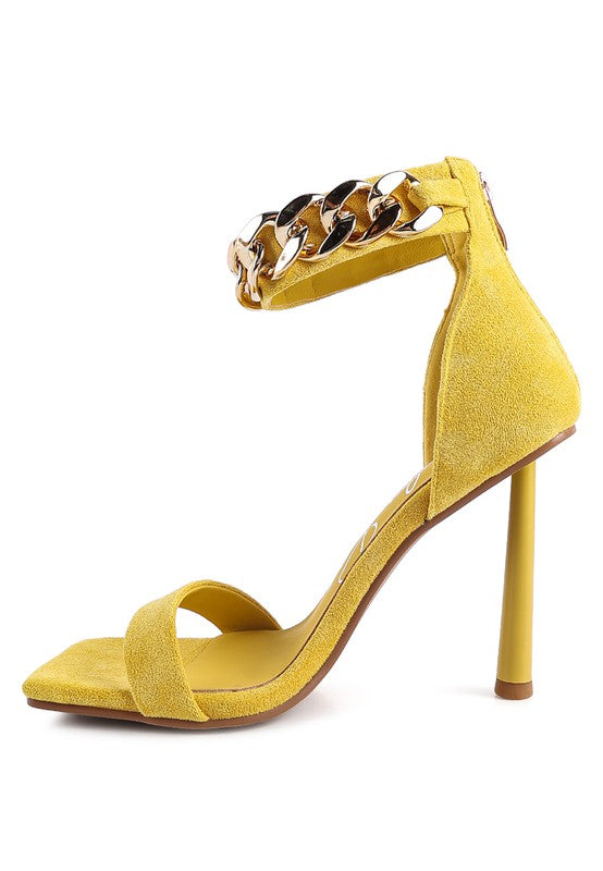 Yellow HEELED FAUX SUEDE CHAIN STRAP SANDAL