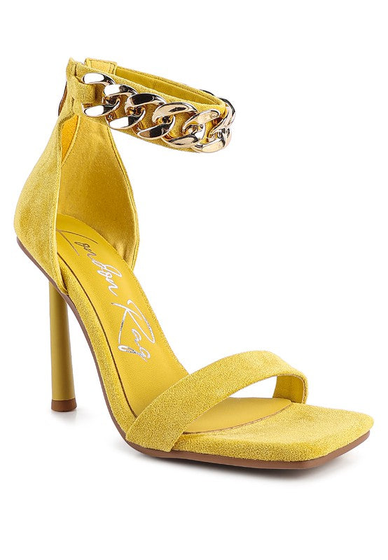 Yellow HEELED FAUX SUEDE CHAIN STRAP SANDAL