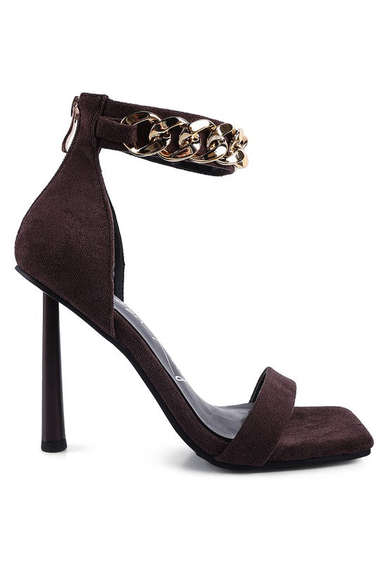 Brown HEELED FAUX SUEDE CHAIN STRAP SANDAL