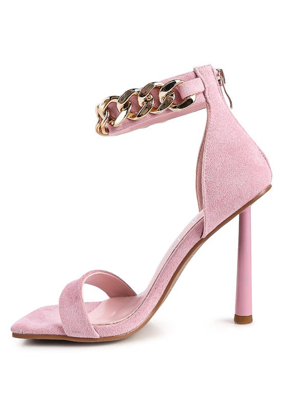 Pink HEELED FAUX SUEDE CHAIN STRAP SANDAL