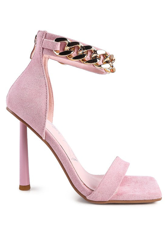 Pink HEELED FAUX SUEDE CHAIN STRAP SANDAL