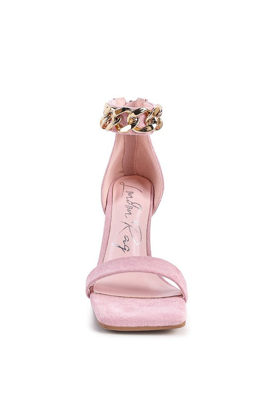 Pink HEELED FAUX SUEDE CHAIN STRAP SANDAL