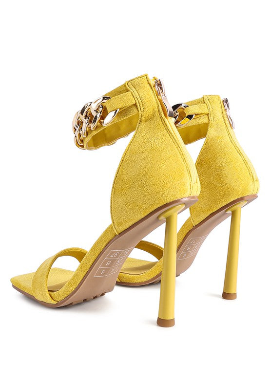 Yellow HEELED FAUX SUEDE CHAIN STRAP SANDAL