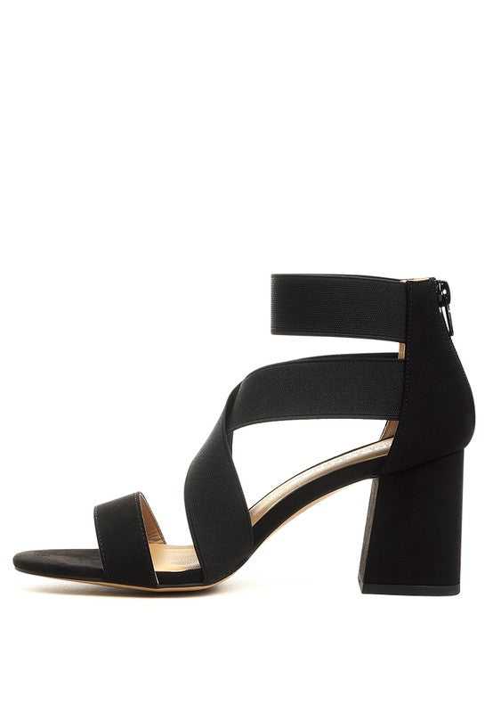 Black BENICIA ELASTIC STRAPPY BLOCK HEEL SANDALS