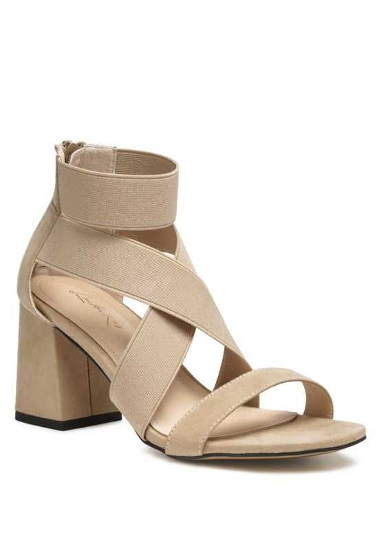 Taupe BENICIA ELASTIC STRAPPY BLOCK HEEL SANDALS