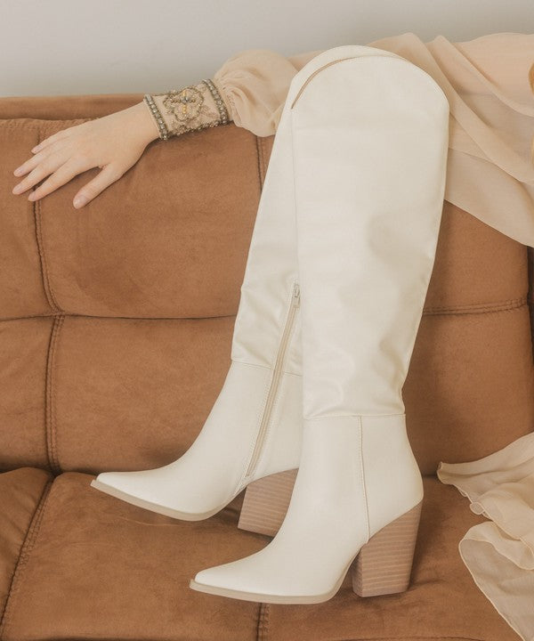 white Knee-High Western Boots