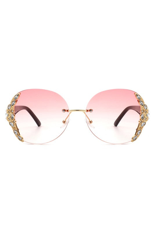 Women Rimless Round Rhinestone Oversize Sunglasses