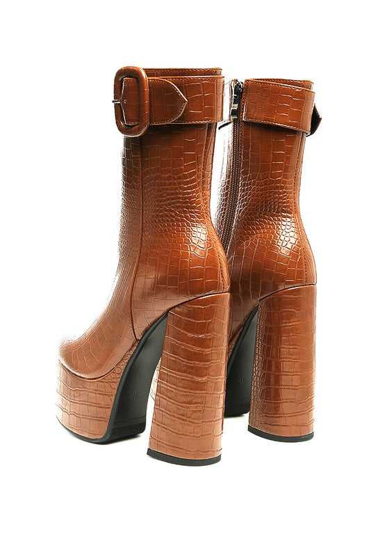 Tan Bumpy Croc High Block Heeled Chunky Ankle Boots