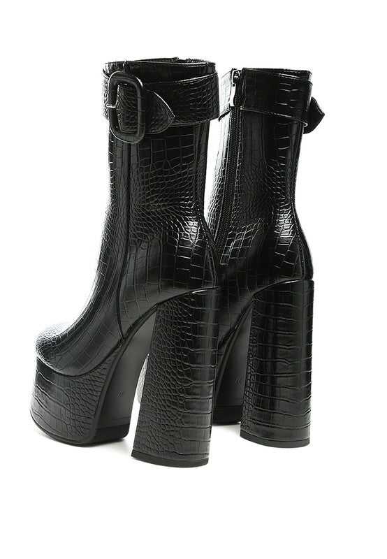 Black Bumpy Croc High Block Heeled Chunky Ankle Boots