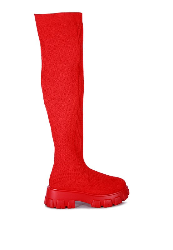 Red LORO Stretch Knit Knee High Boots