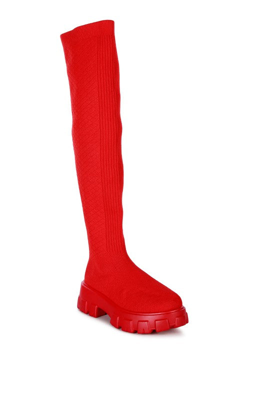 Red LORO Stretch Knit Knee High Boots