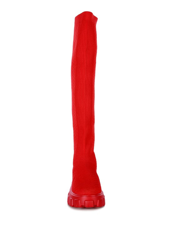 Red LORO Stretch Knit Knee High Boots