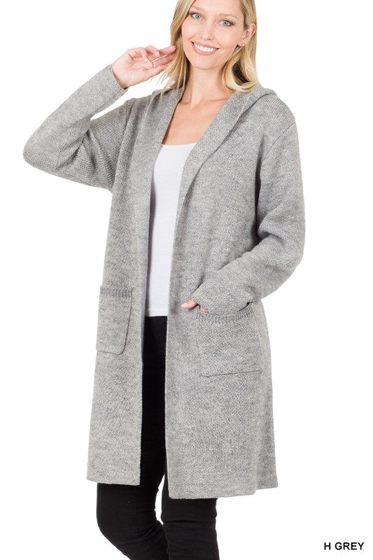 Light Grey Hooded Open Front Cardigan