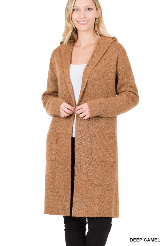 Camel Hooded Open Front Cardigan
