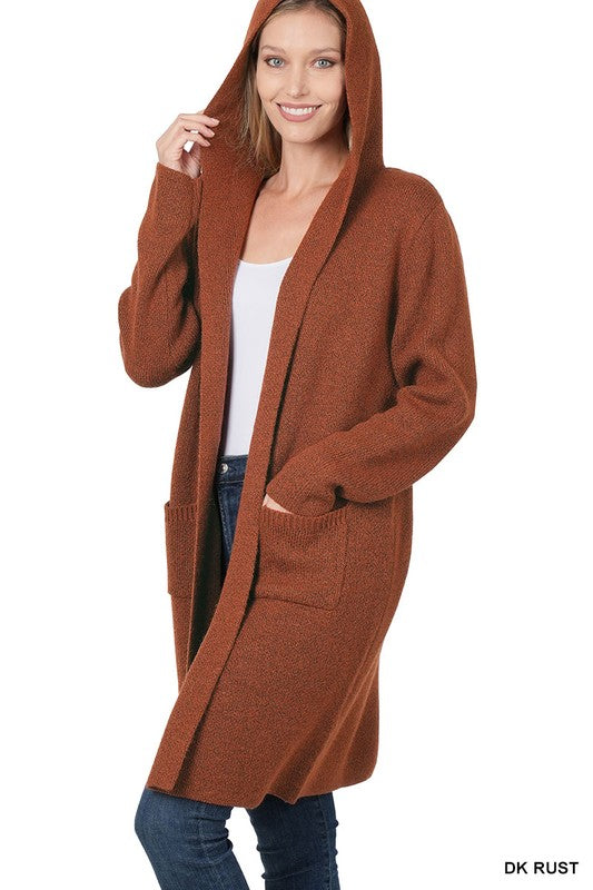Deep Camel Hooded Open Front Cardigan