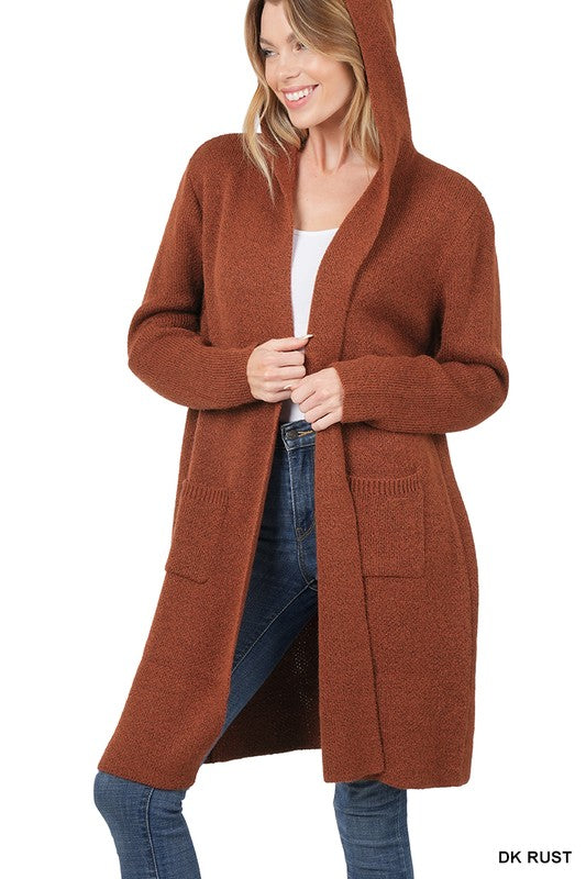 Deep Camel Hooded Open Front Cardigan
