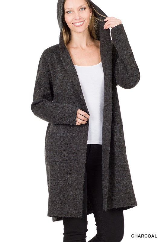Charcoal Hooded Open Front Cardigan