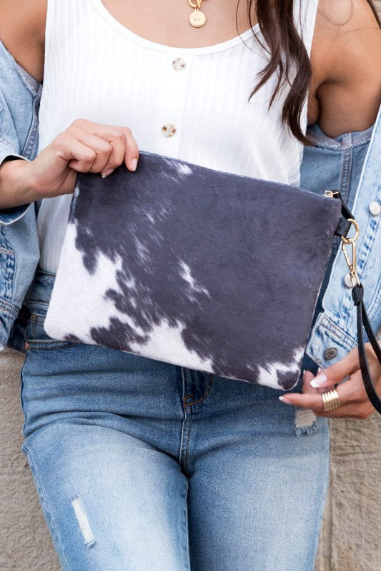 Black Faux Fur Cow Animal Print Clutch