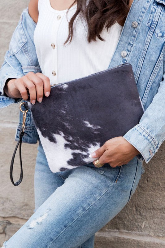 Black Faux Fur Cow Animal Print Clutch