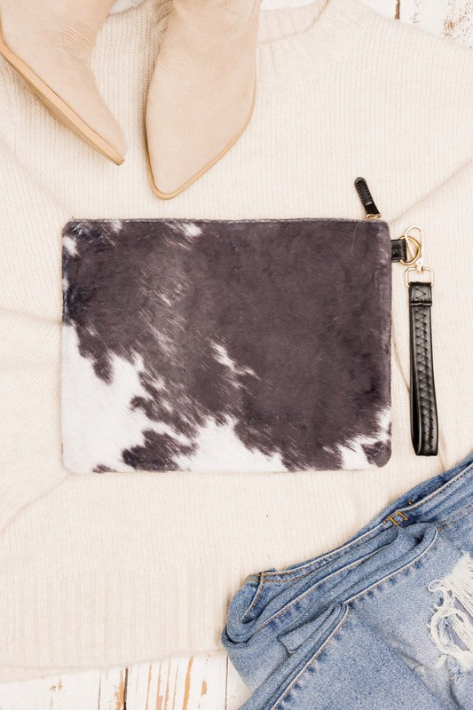 Black Faux Fur Cow Animal Print Clutch