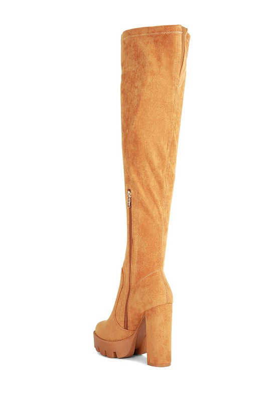 Tan Maple High  Block Heeled Faux Suede Long Boots
