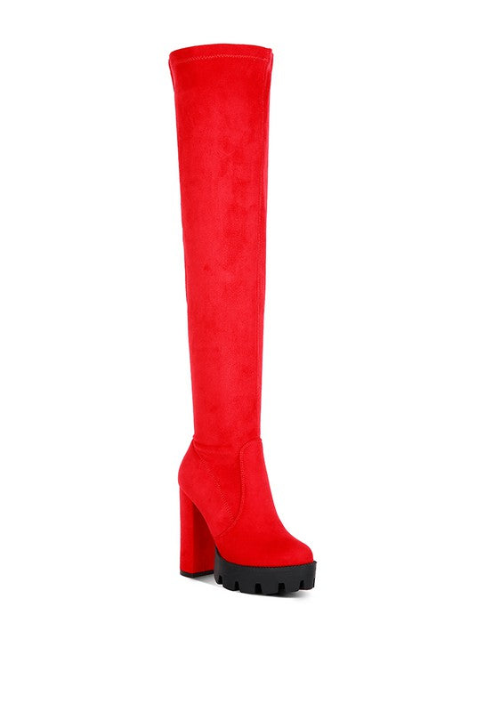 Red Maple High  Block Heeled Faux Suede Long Boots