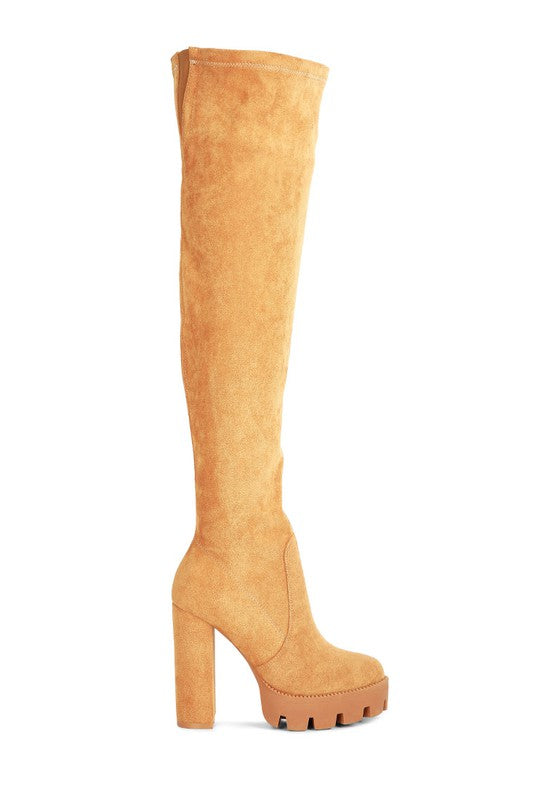 Tan Maple High  Block Heeled Faux Suede Long Boots