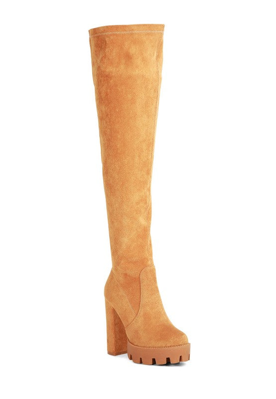tan Maple High  Block Heeled Faux Suede Long Boots
