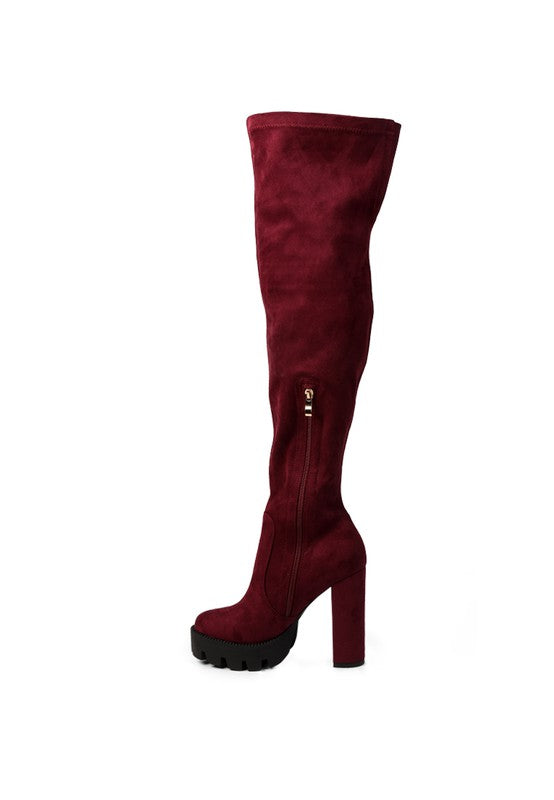 Burgundy Maple High  Block Heeled Faux Suede Long Boots