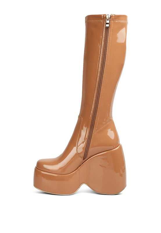 Beige Patent High Platfrom Calf Boots
