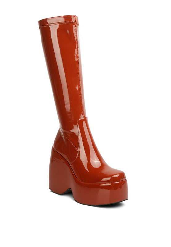 Tan Patent High Platfrom Calf Boots