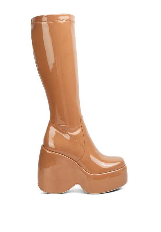 Beige Patent High Platfrom Calf Boots
