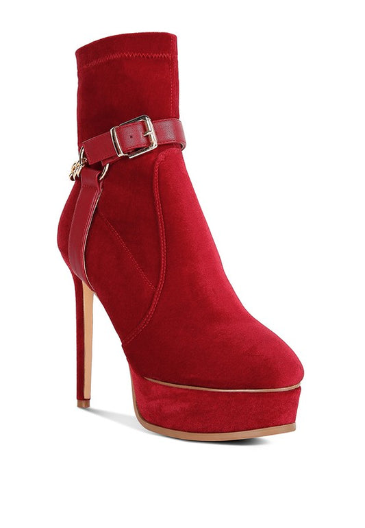Red High Platform Velvet Ankle Boots