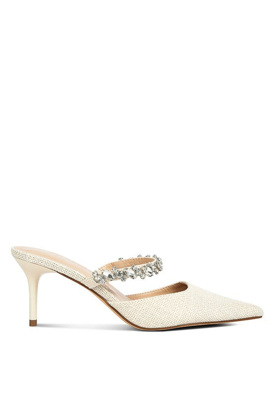 Off White GRETA Diamante Embellished Kitten Heel Sandals