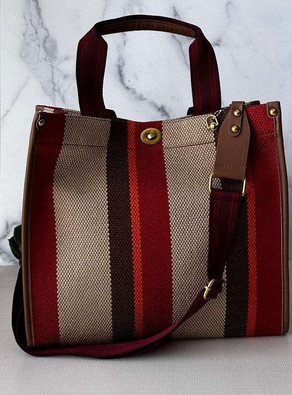 Red Zipped Stripe Tote With Handles