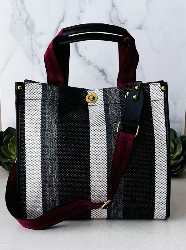 Black Zipped Stripe Tote With Handles