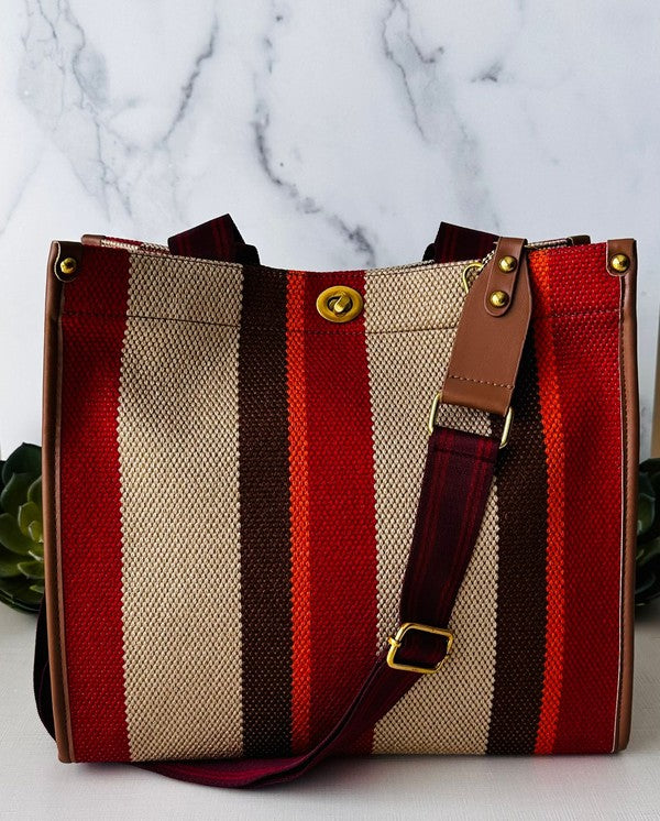 Red Zipped Stripe Tote With Handles