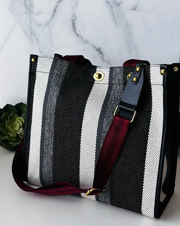 Black Zipped Stripe Tote With Handles