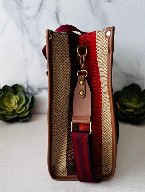 Red Zipped Stripe Tote With Handles